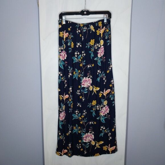 Blue Rain Maxi Skirt Sz M Navy Blue Floral Bird Faux Wrap Vibrant Boho Romantic - Picture 7 of 11